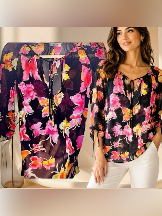 Moschino Tops - Vintage Moschino Butterfly Print Sheer Blouse Black Pink Y2K Chiffon Top